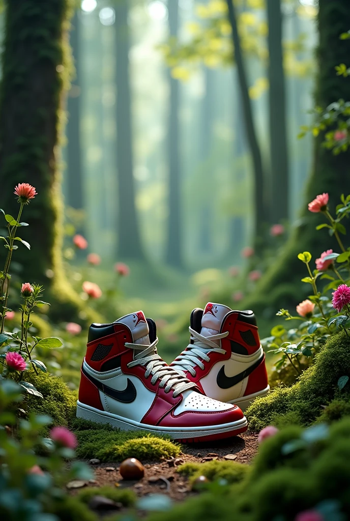 nike air jordan sneakers with green plants and flowers in the middle of an enchanted forest, with a streetwear style background, ultra detailed, realistic, --ar 4:5 --v 6.1