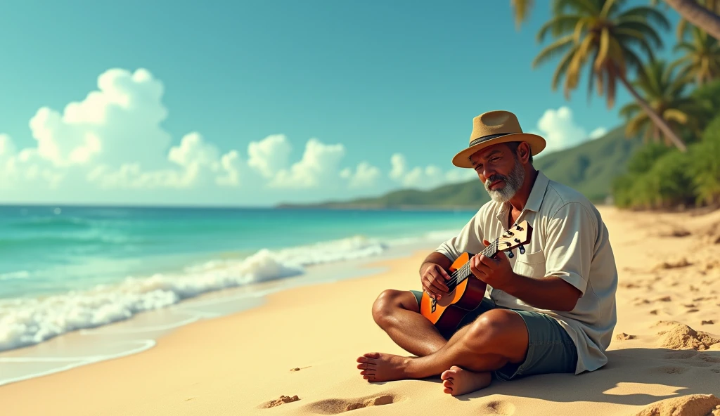 1934; (masterpiece, best quality) broad view; man playing ukulele on the street(Avai beach)
