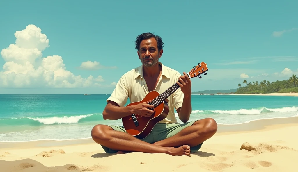 1934; (masterpiece, best quality) broad view; man playing ukulele on the street(Avai beach)