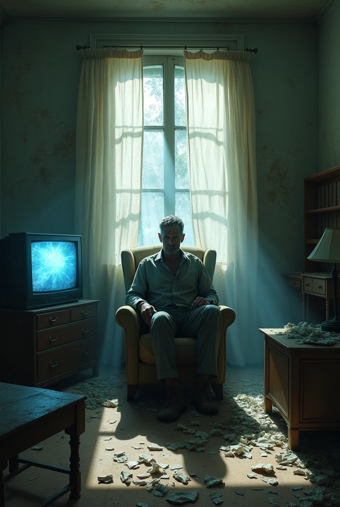 ABANDONED ROOM, Worn Walls, old furniture covered in dust.
 The only light comes from the TV, displaying static.
 Tired man sitting on an old wooden chair. 
He holds a lit cigarette, whose smoke slowly dissipates. 
The bluish light from the TV illuminates your face and part of the room, creating a game of shadows.