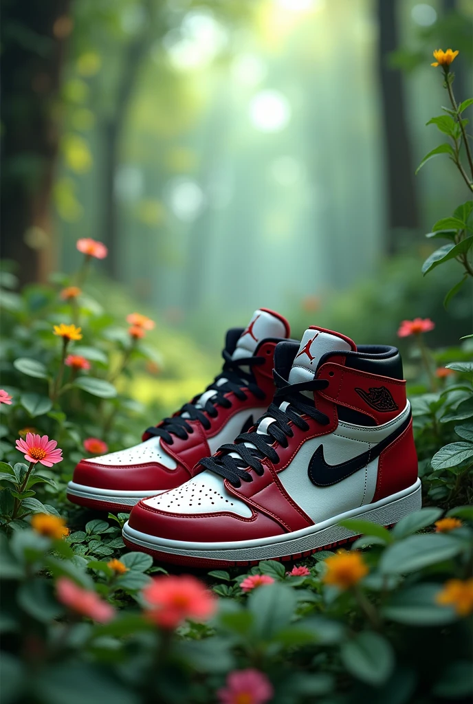 Nike Air Jordan Sneakers with Green Plants and Flowers in the Middle of an Enchanted Forest, with a streetwear style background, ultra detaild, realisitic, --ar 4:5 -- In 6.1