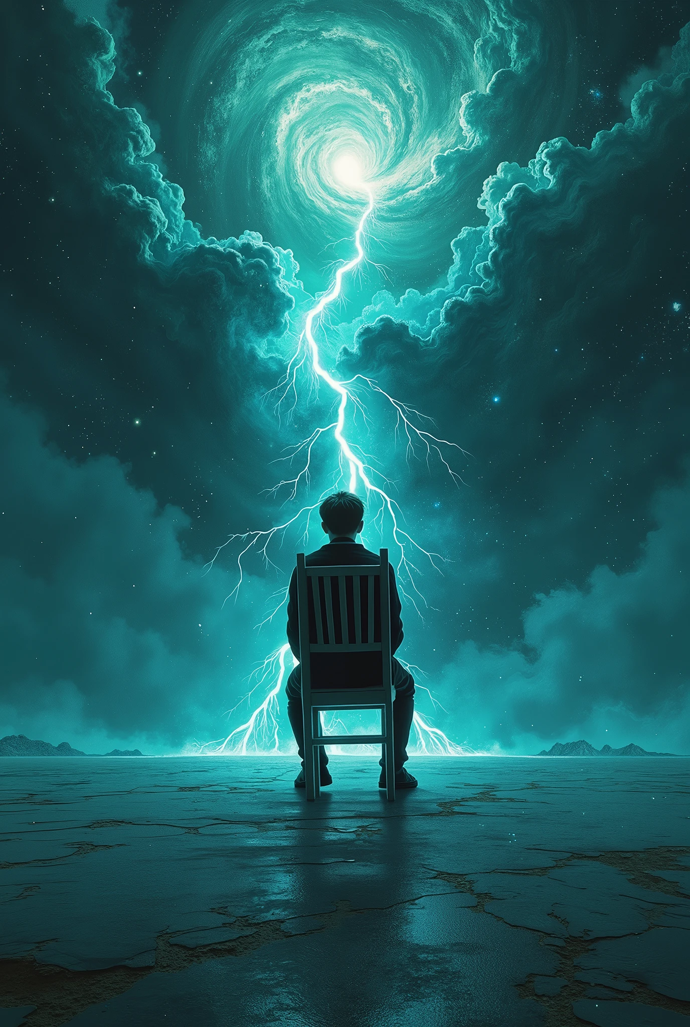 mythological shapeshifting Dark galaxy Thunders and dark galaxy like background and a a teenage boy dressed as a emo boy whose face is casted by a shadow is sitting on a death chair facing backwards getting electrocuted in a dark galaxy background, the ground is plain plain reflecting the thunders and clouds, author：Zdzislaw Beksinski和Van Gogh, album covers, dark, surrealism, Futuristic , Heavy Metal, liquid, coral, abstracted, Dark, Blue, Cyan, Green, Dark, faded, landscape