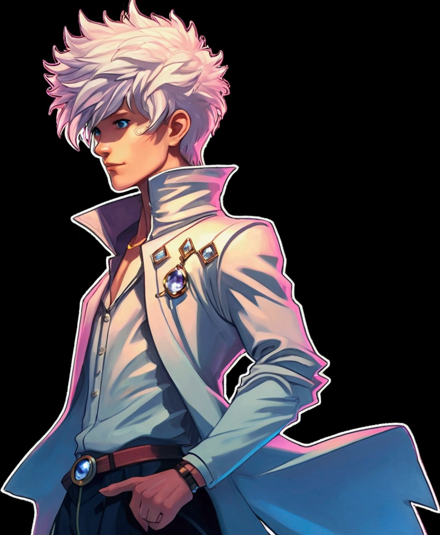Generate this character holding a magnifying glass my image character with a lightening themed background holding a crystal