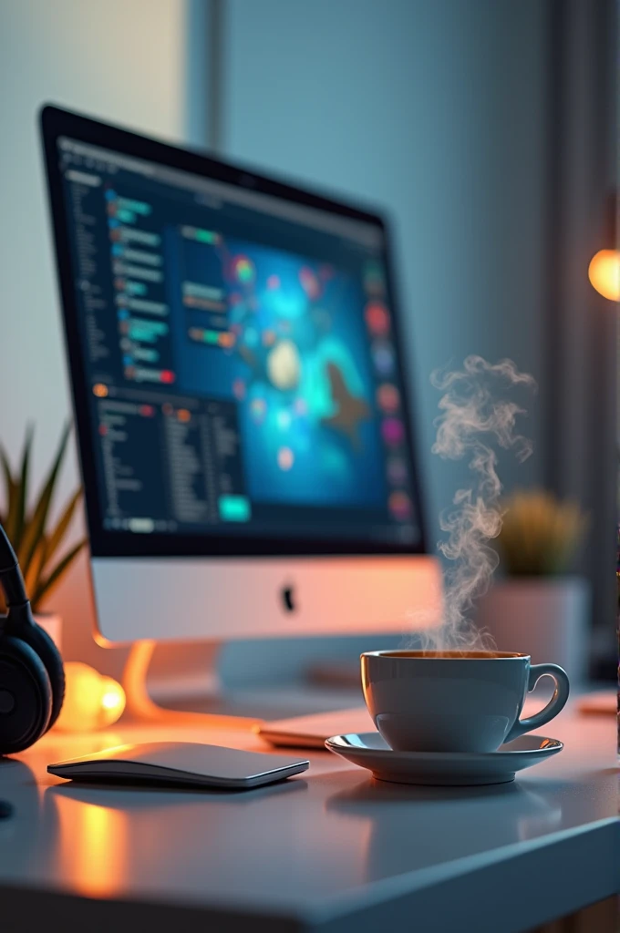 Create a banner for with a computer and coffee with headphone on the table with 1584*396pixels