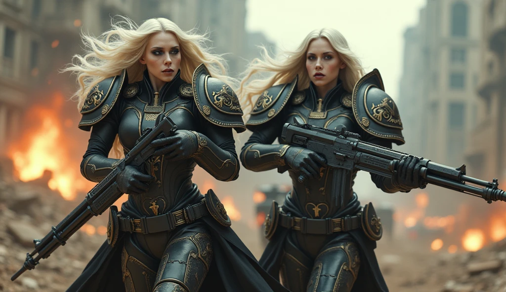 Full body pose sexy sisters of battle from the warhammer 40k, shooting at the enemy, space marine armor with intricate details, space marine armor with intricate details, symbols on the armor, sisters of battle, warhammer 40k, Massive exposed silicone breast, pale skin, seductive, temptation, eat your soul, clevage, long white flowing hair, long black flowing hair with purple highlights, heavy gothic makeup, at night, neon, beautiful detailed eyes, beautiful detailed lips, extremely detailed eyes and face, long eyelashes, highly detailed armor, intricate futuristic weaponry, dramatic lighting, cinematic composition, muted color palette, gritty and realistic, mecha, science fiction, hyper-detailed, photorealistic, award winning digital art, 8k, HDR, masters work, in the middle of a battle field, full body combat action pose, explosions and fire around, full war, stunning, Stilleto heels, high heels, full body pose, cinematic, movie trailer, final stand!, nemesis, ready to strike, dust and debree, combat screams, attacking, shooting at the enemy, running forward, last line of defense, charging, fanatic, religious, templar knights, sisters of battle, warhammer 40k, shooting at the enemy, bimbo gigantic exposed breast, jetpacks, space marine, stilleto heels, cinematic light, cameltoe pussy, beautiful pussy, wet pussy, wet body, oiled body, gigantic breast, dynamic super sexy combat action pose, sisters of battle from the warhammer 40K