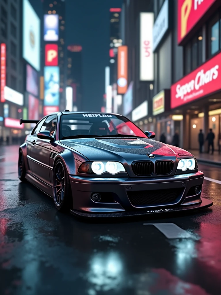 BMW E46 M3 gtr need for speed most wanted car in a city , high quality photograph, sharp focus, bokeh, ligthing