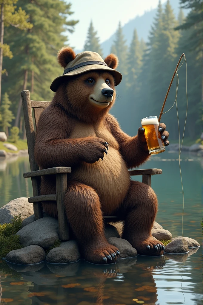 A fishing bear with his fishing rod, well defined:1.3, sitting on a chair by a river, holding a fishing rod, drinking a beer, wearing a bucket hat, boat nearby, surrounded by a forest and rocks, extremely detailed, exposed penis, erect penis