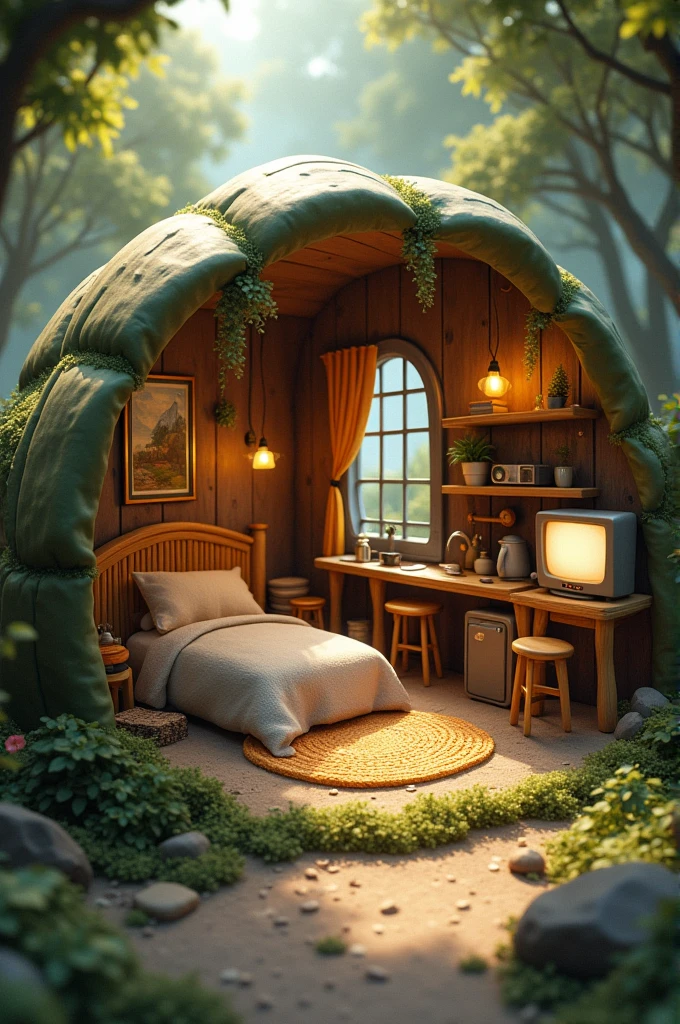 House interior in turtle shell such as bed, kitchen and tv