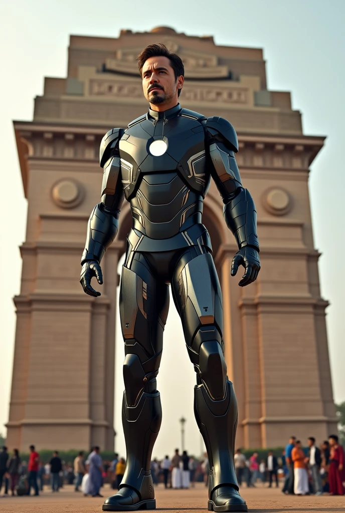 Robert Downey Jr in indian iron man suit blackcolour in india on the top of india gate