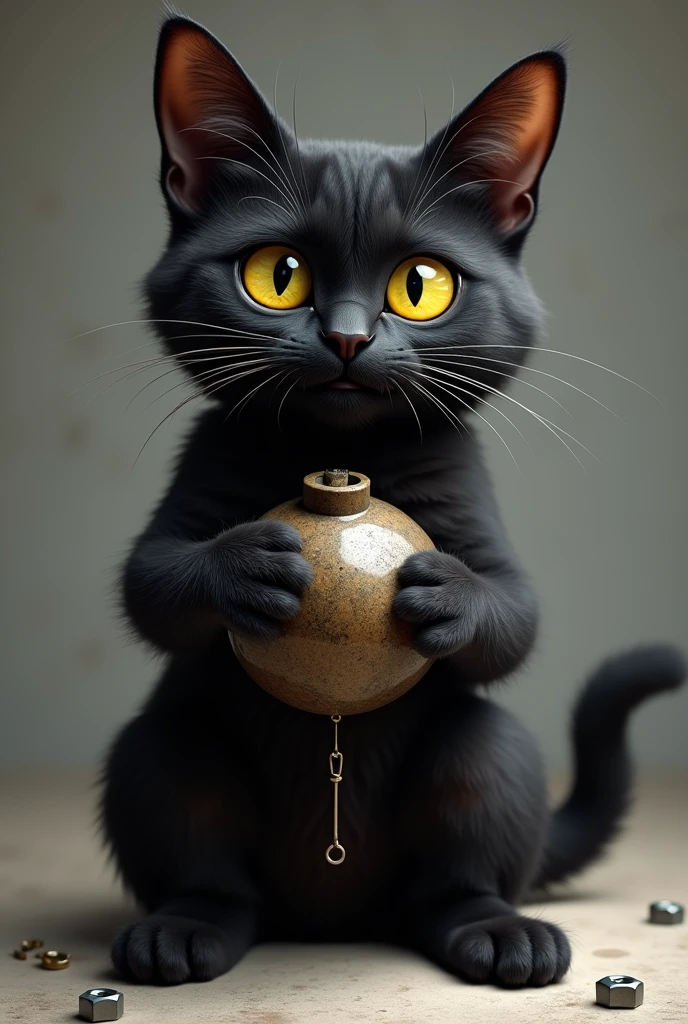 a cat with a bomb in its paws , explosives , bombi , nuts , black fur