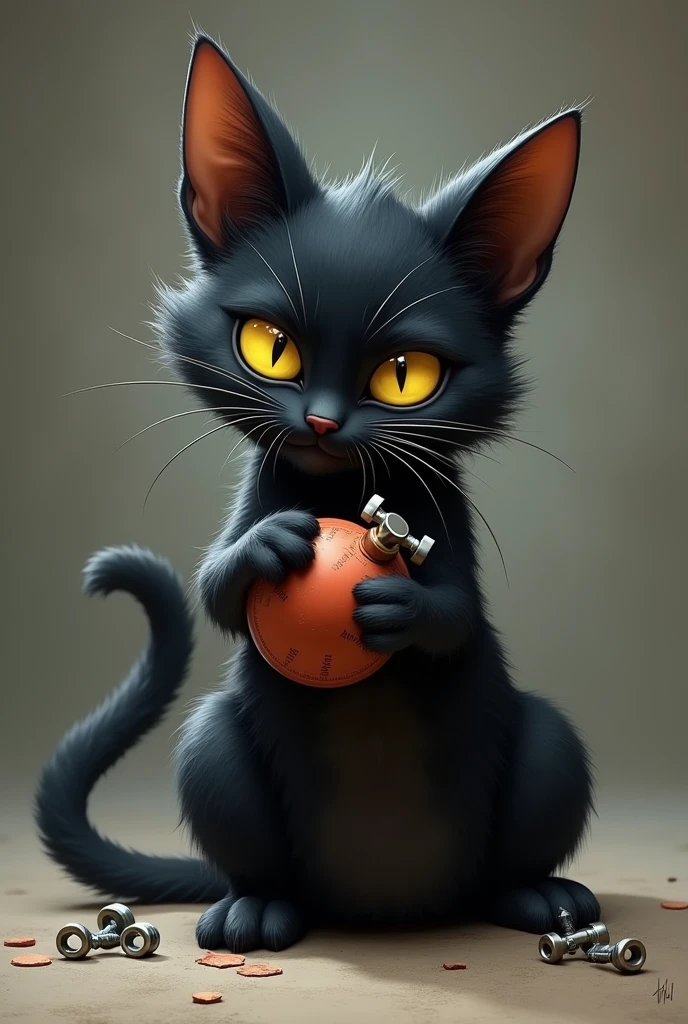 a cat with a bomb in its paws , explosives , bombi , nuts , black fur