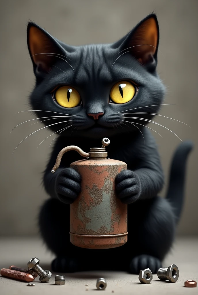 a cat with a bomb in its paws , explosives , bombi , nuts , black fur