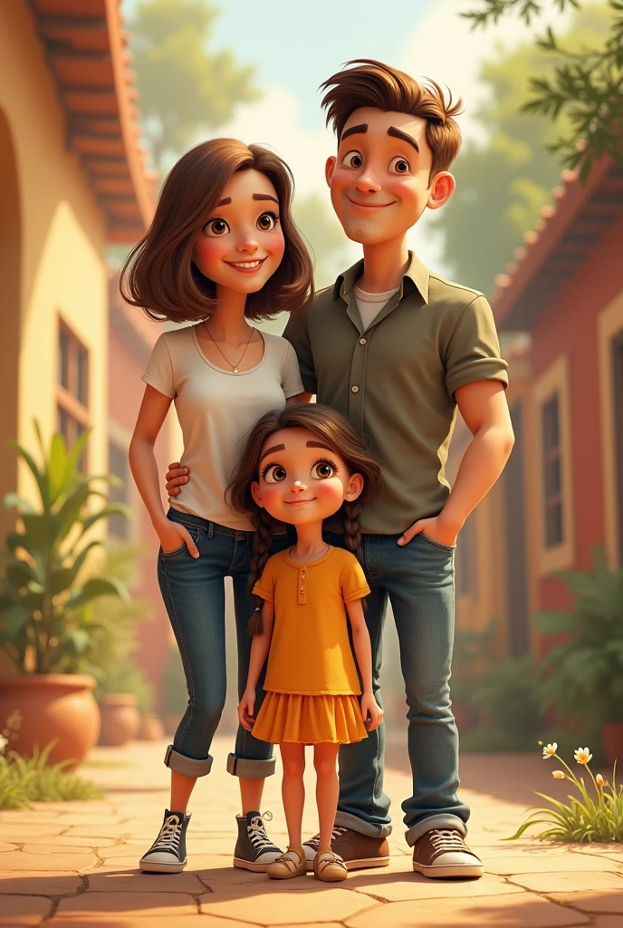  madre short brown hair, with shirt and jeans.
adult man,short brown hair, with jeans and sneakers. 
 girl, long hair with braid, with dress and sandals all together pixar style

