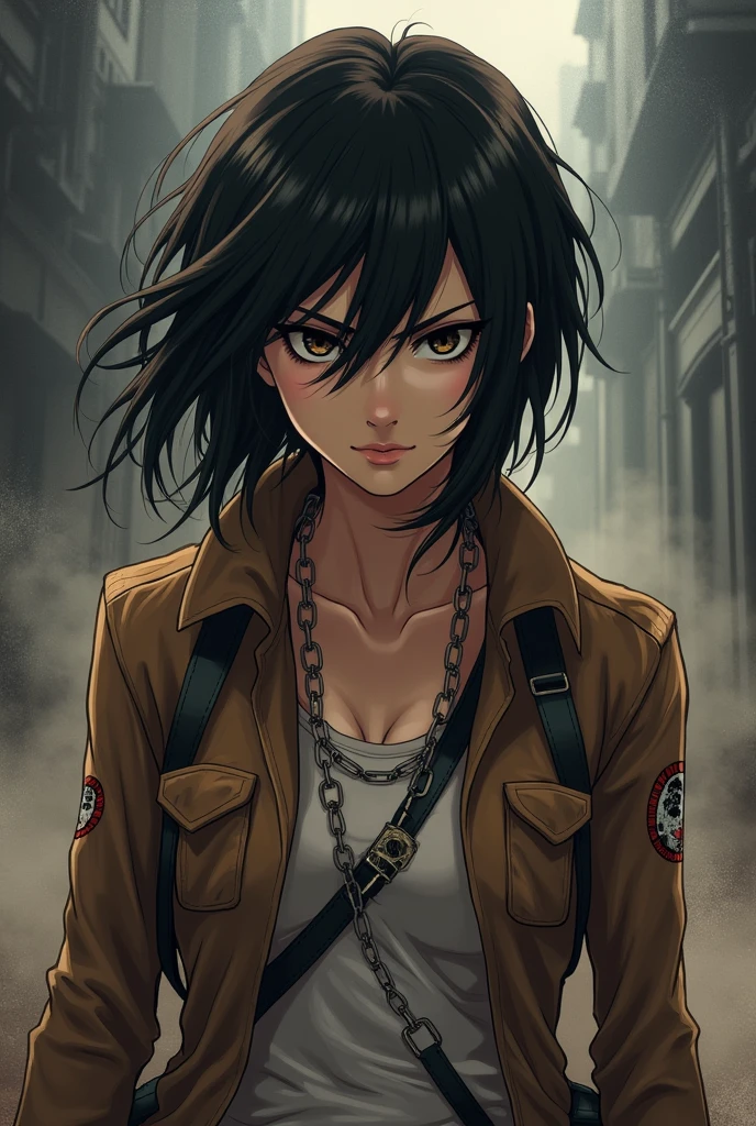 2d anime, Attack on titan Artstyle, female, shaggy hair, piercing black eyes, fierce, badass, 
