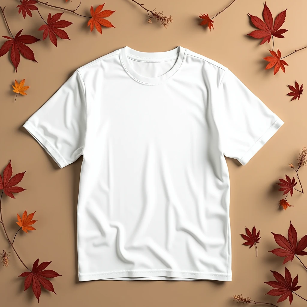 a white t-shirt mockup, flat lay, fall season, minimal, autumn background, studio lighting, (best quality,4k,8k,highres,masterpiece:1.2),ultra-detailed,(realistic,photorealistic,photo-realistic:1.37),extremely detailed