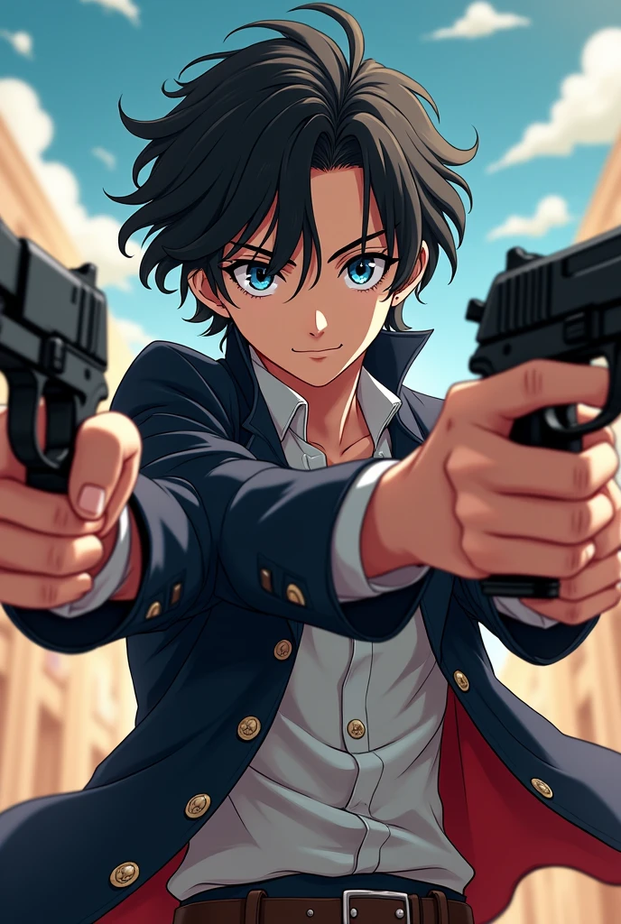 A 2 gunslinger boy in anime style. His skin is white. He's mix of American and Japanese. He have sharp face features. His eyes are blue. His hair is black and have wavy middle part hairstyle.
