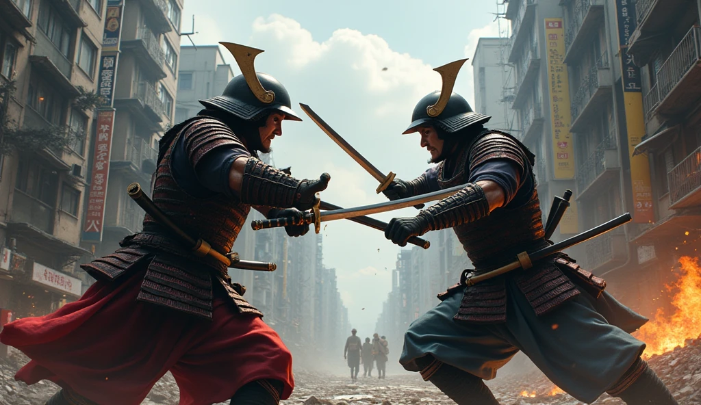 1890; (masterpiece, best quality) action scene; destroyed city (Tokyo); great battle; Samurai soldiers attacking  