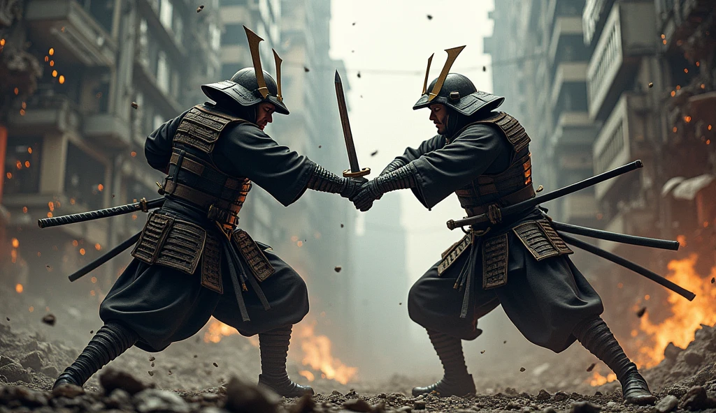 1890; (masterpiece, best quality) action scene; destroyed city (Tokyo); great battle; Samurai soldiers attacking  