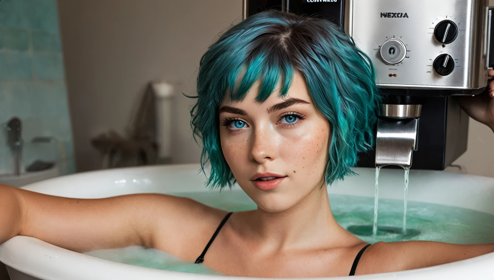 Woman 20 Years Old Nordic Ethnicity, short blue hair with a perfect face and light freckles, Blue-Green Eyes, an album cover, showing her bathing in a bathing tub full of dark brown steaming coffee, (((the bathing tub is filled with coffee!!!))), (((with a coffee machine nearby))), pouring even more coffee in the tub by a coffee cup hold in her hand, ((Color palette - turquoise, neon green, yellow shades))