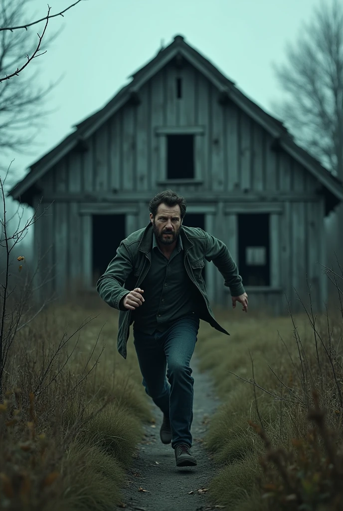 I want an image of a man running out of a wooden house in a village with a gloomy and desolate look.. The man must have a look of fear on his face as he runs away.. The house and the village must have an abandoned appearance, with details like broken windows, decayed wood, and vegetation that has grown out of control. The lighting should be dark and gloomy to intensify the feeling of terror and danger in the scene..”