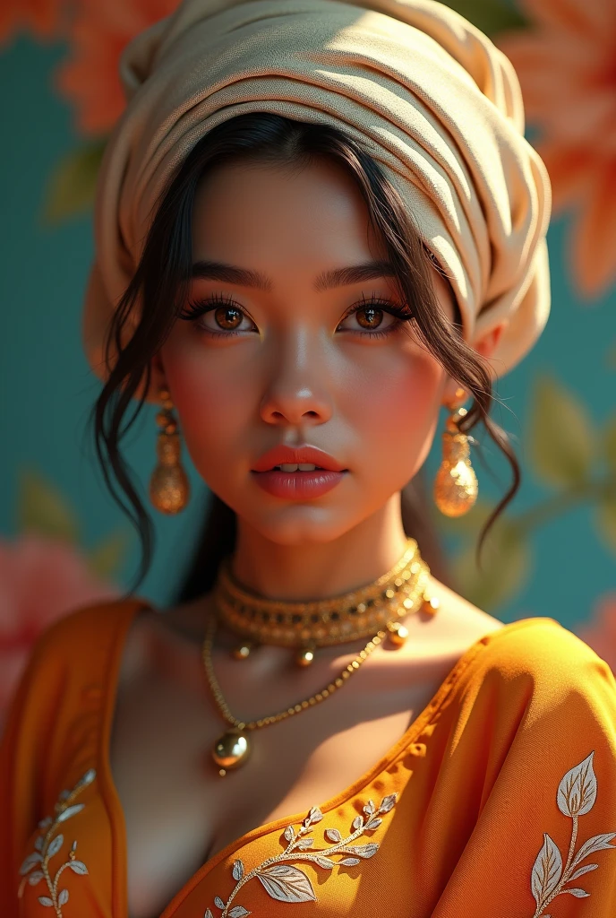 A bdautiful fat woman,,perfect eyes,with elegance colourful hijab,medium body,eyes wink expression,,, 3d render