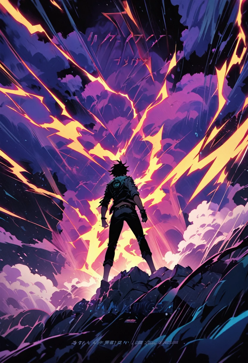 "Design a comic book cover titled 'Voltage' featuring a teenage boy flying upward, surrounded by intense, crackling lightning. The boy is positioned dramatically in the center, his face showing fierce determination as his clothes and hair billow wildly in the storm. The background should be a stormy, dark sky with swirling clouds, while the bright, jagged lightning bolts highlight the boy's powerful ascent. The title 'Voltage' is prominently displayed at the top in bold, dynamic lettering, with vibrant colors that stand out against the stormy backdrop. Subtle details like small text boxes or taglines are included to enhance the authentic comic book cover feel."