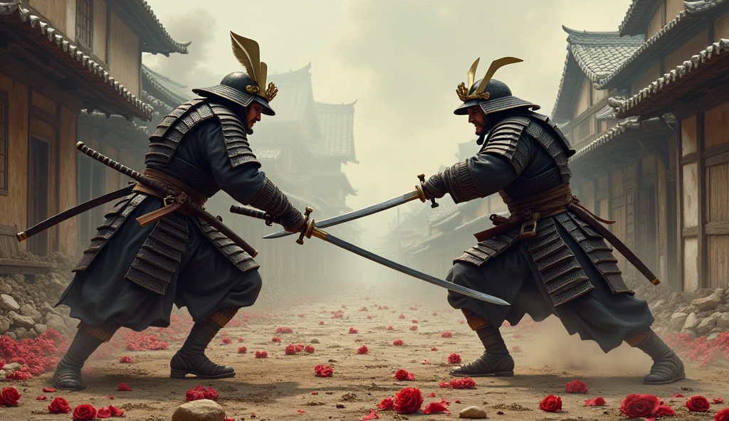 1400 a.c; (masterpiece, best quality) destroyed japan village (Tokyo); Samurai warriors fighting great battle; roses on the floor