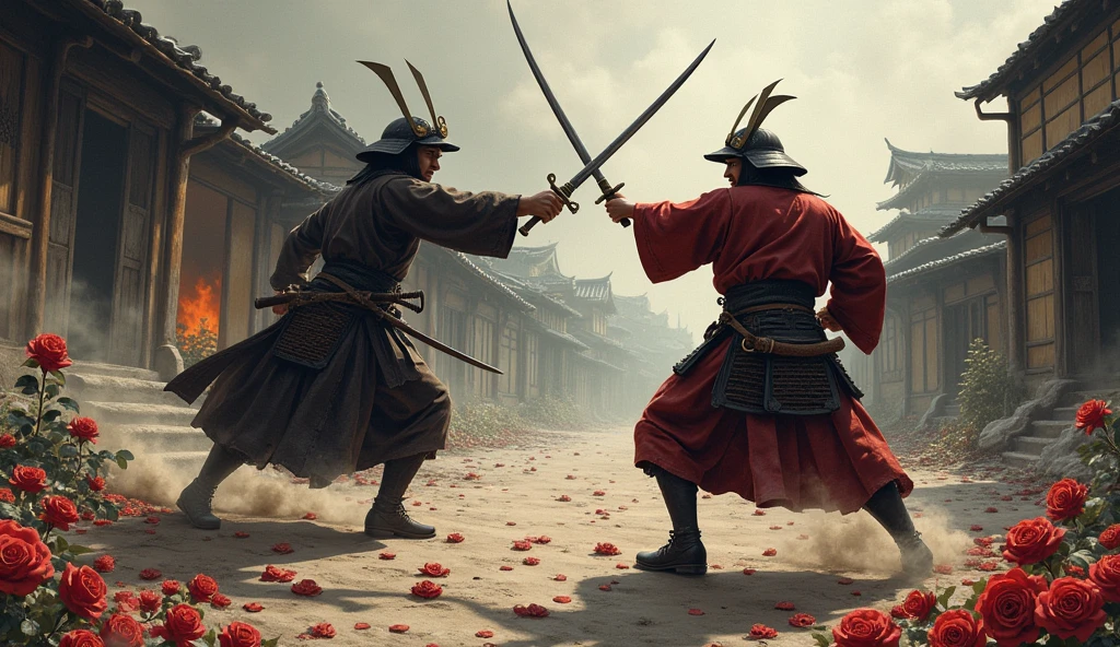 1400 a.c; (masterpiece, best quality) destroyed japan village (Tokyo); Samurai warriors fighting great battle; roses on the floor