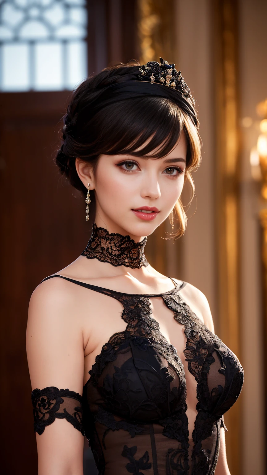 (best quality,4k,8k,highres,masterpiece:1.2),ultra-detailed,(realistic,photorealistic,photo-realistic:1.37),beautiful expressive eyes,long eyelashes,beautiful detailed lips,detailed hair and face,friendly smile,clean and flawless skin,(Very large breasts, big tits, oversized tits),Short hair,(Earrings, lace chokers, stylish clothes, shiny dark purple, black lace),(indoors at night),