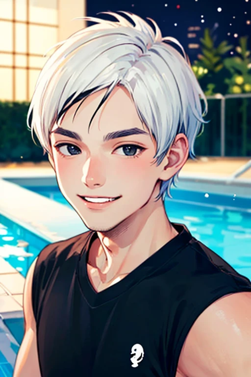 ((masterpiece)), (((best quality))), chromatic lighting,
colorized, white + black limited color palette,
detailed concept drawing,
swimming pool, nighttime, Shibuya street fashion, no weird object on his face,
portrait, 25yo 1guy, slender, topless, short white hair, black eyes, smiling