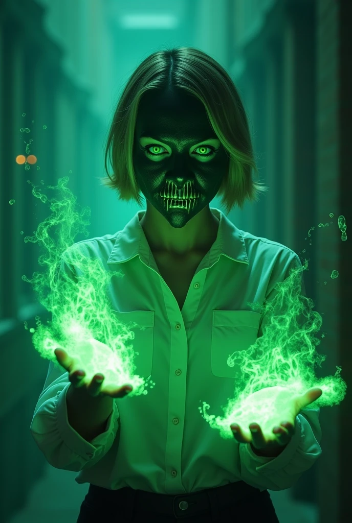 Horror scene, Realistic style, girl, Caucasian, {Mask that covers her entire face}, short dark blonde hair, Green energy flowing from her arms, facing me, vibrant, realistic style, photo, realistic, masterpiece, best quality, High quality texture, detailed texture, ultra-detailed, 8K, HDR