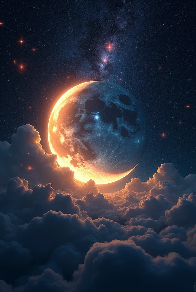 Beauty in the moon on a beautiful cosmic background with bright stars of different colors