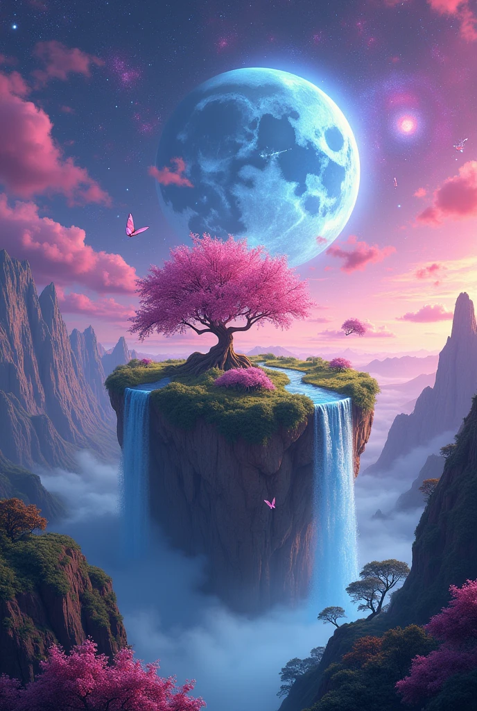 galaxy pink purple blue small world, tree with pink mountains and waterfall, glow at night, big moon and stars, stars butterflies