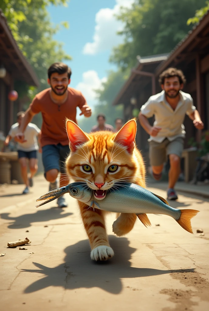 a cat with a fish in its mouth running from humans
