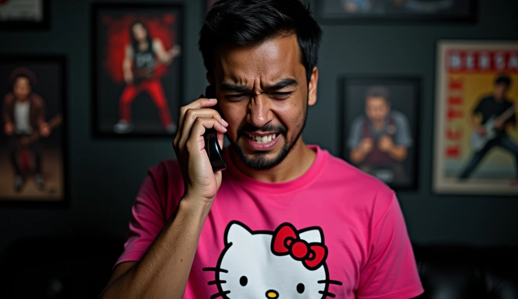 original photo. The young man face of Indonesia. wearing a pink Hello Kitty t-shirt with an angry expression on the phone. in a room designed in black, rock music style. many posters like nirvana and metallica Ultra-realistic 8K photos, taken with Leica Q2, strong color contrast and sharp clarity --quality 2 --