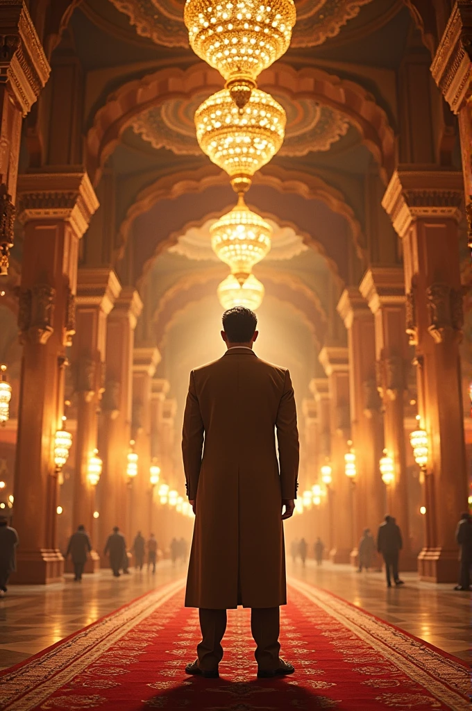 Photo of a man standing in a large beautifully decorated lighting mahal