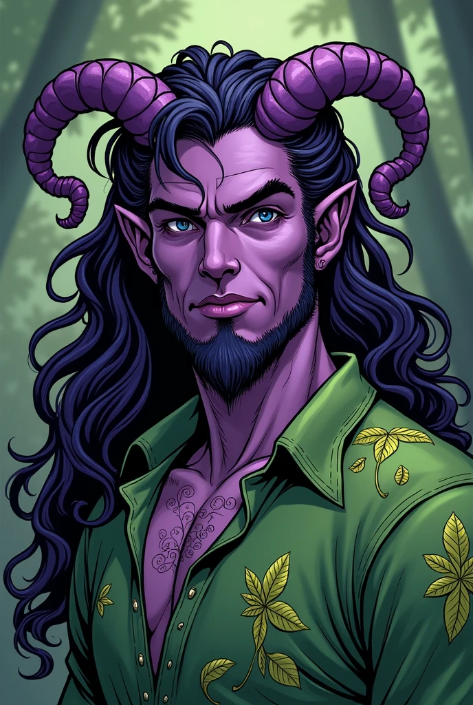 Create a tiefling druid with purple skin and small, curled horns. He has long, curly hair and wears a green shirt with intricate leaf patterns. His face should reflect maturity and wisdom, with well-defined features and a subtle, confident smile. Avoid a too-sweet or overly youthful expression; instead, give him a composed and serene demeanor. Use bold outlines and flat colors typical of traditional comic book art, ensuring that his proportions and details convey a sophisticated, mature appearance.