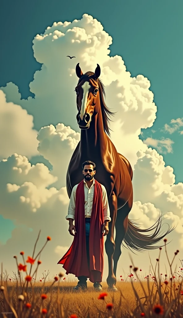 a man standing in front of a horse and a sky with clouds in the background with a horse and a man in the foreground, Altoon Sultan, samikshavad, movie poster, poster art