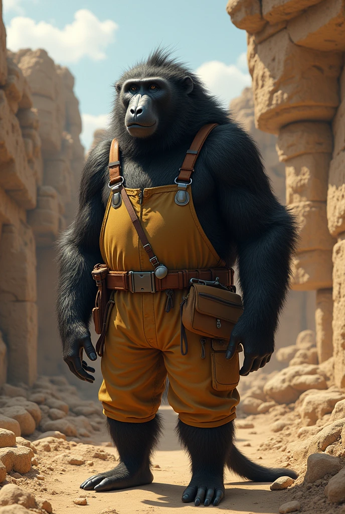 A large female black baboon wearing an archaeologist's clothes and an archaeological site behind her realistic, real, high resolution detail, full photo like real