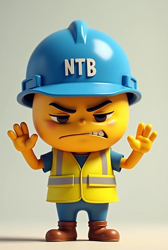 A disappointed smiley with a blue helmet with the inscription NTB on the helmet and safety vest. 

The smiley signals with the hands stop 