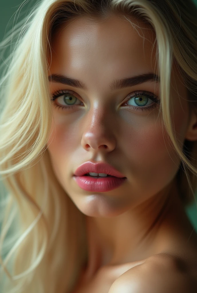 (masterpiece:1.4, best quality), (intricate details), unity 8k wallpaper, ultra detailed, beautiful and aesthetic, perfect lighting, (1girl), (blonde hair, green eyes, medium ),, dynamic pose, dynamic angle, lipstick pink, slim, medium breastsled background, realistic, solo, perfect detailed face, detailed eyes, highly detailed,