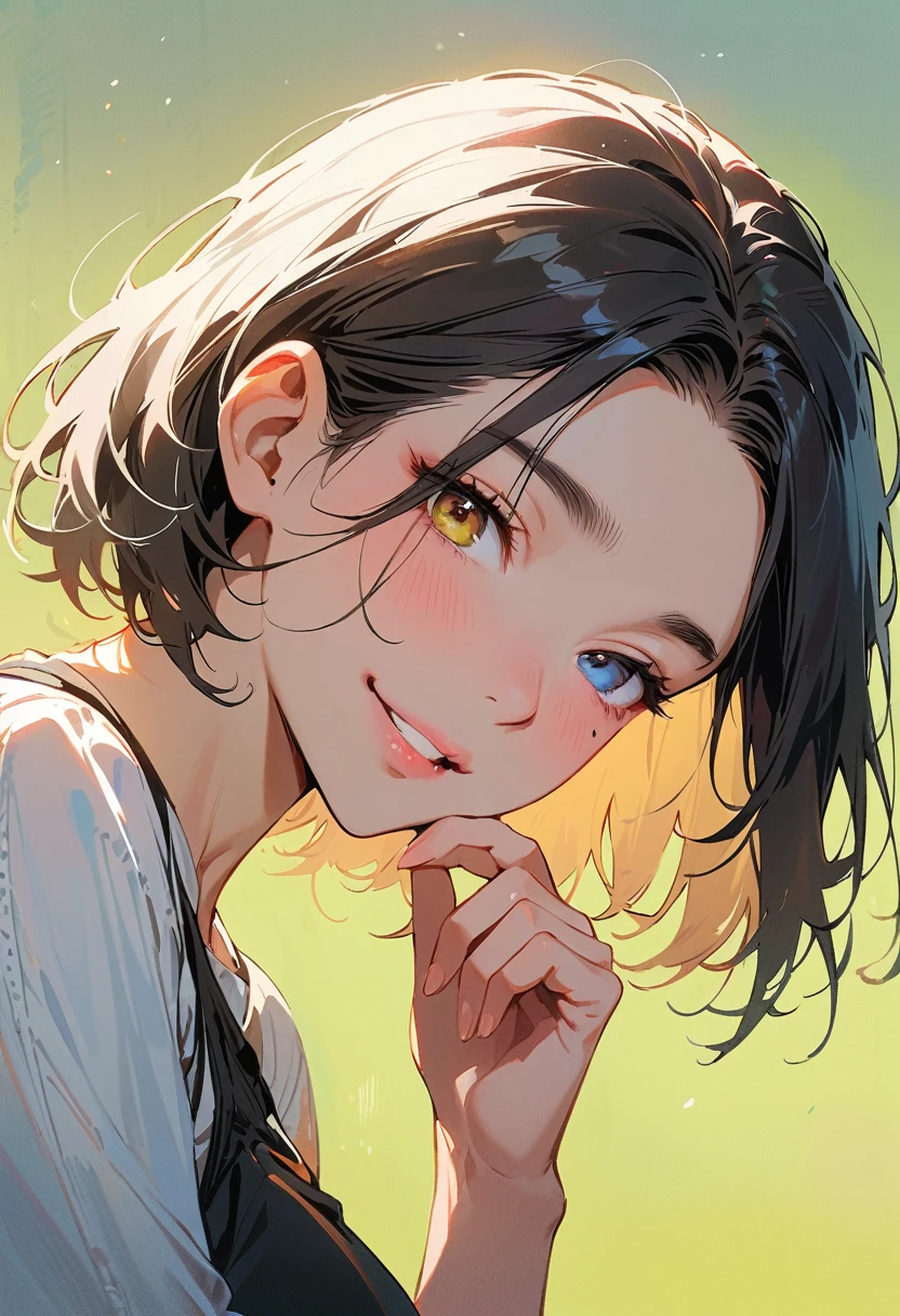 (masterpiece, best quality:1.4), 1 girl, 独奏, Heterochromia, Delicate pupils, Blurred eyes, Close your left eye, Smile, Profile,45° head tilt, Hold your chin with your right hand, Right tear mole, (Black short hair:1.2),  large breasts, Mini Girls, Backlight, Vest, Works by top portrait painters, Black and white gradient background.