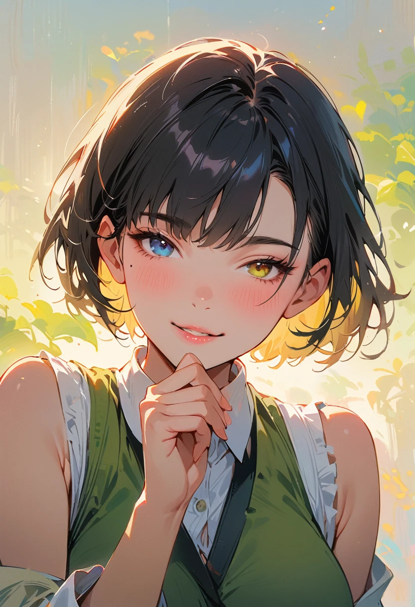 (masterpiece, best quality:1.4), 1 girl, 独奏, Heterochromia, Delicate pupils, Blurred eyes, Close your left eye, Smile, Profile,45° head tilt, Hold your chin with your right hand, Right tear mole, (Black short hair:1.2),  large breasts, Mini Girls, Backlight, Vest, Works by top portrait painters, Black and white gradient background.