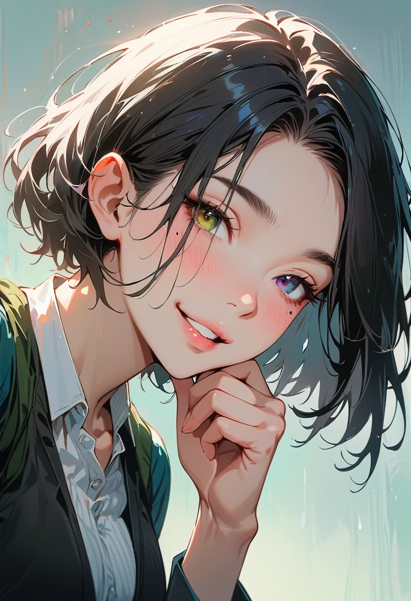 (masterpiece, best quality:1.4), 1 girl, 独奏, Heterochromia, Delicate pupils, Blurred eyes, Close your left eye, Smile, Profile,45° head tilt, Hold your chin with your right hand, Right tear mole, (Black short hair:1.2), large breasts, Mini Girls, Backlight, Vest, Works by top portrait painters, Black and white gradient background.