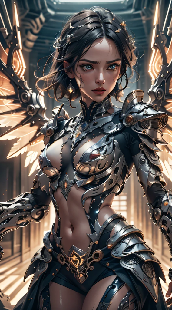 A highly detailed anime character with four arms wearing mechanical armor and wings, midriff, (best quality,4k,8k,highres,masterpiece:1.2),ultra-detailed,(realistic,photorealistic,photo-realistic:1.37),extremely detailed face and eyes, beautiful detailed lips, longeyelashes, intricate mechanical design, glowing energy effects, dramatic lighting, vibrant colors, cinematic composition, digital painting, concept art