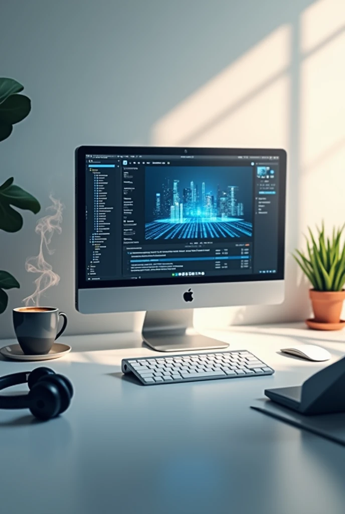 Create a banner for with a computer and coffee with headphone on the table with 1584*396 pixels