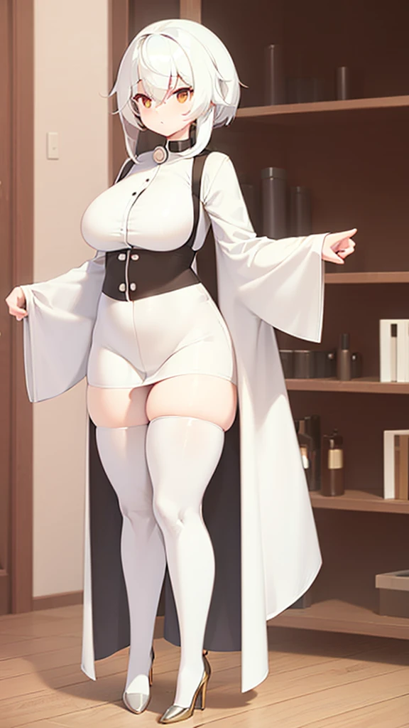 girl curvy,wide hips,white hair,(white thigh high stockings),((very small woman)),(standing),(((full body))),in the room