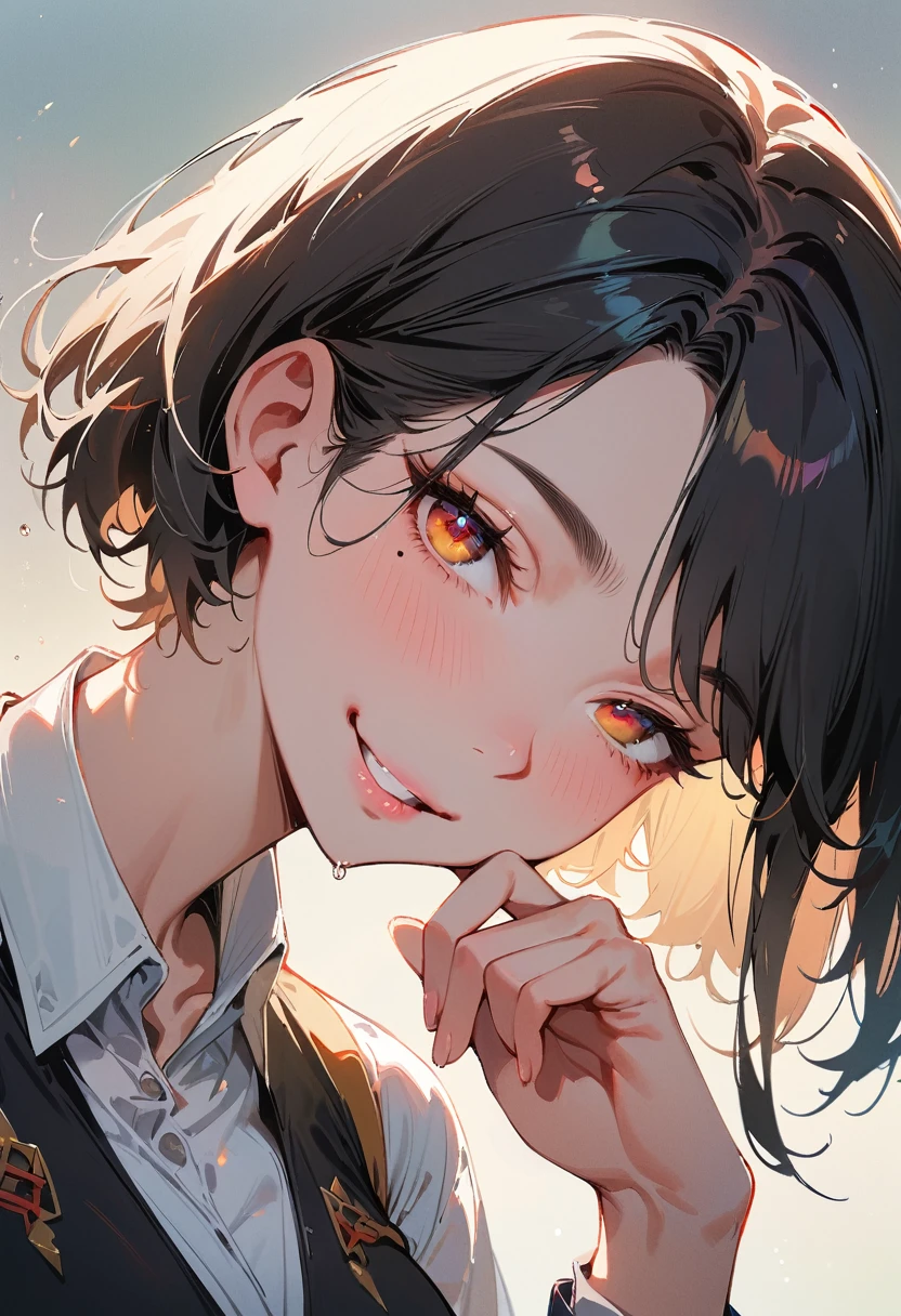 (masterpiece, best quality:1.4), 1 girl, 独奏, Red heterochromic pupils, Delicate pupils, Blurred eyes, Close your left eye, Smile, Profile,45° head tilt, Hold your chin with your right hand, Right tear mole, (Black short hair:1.2),  large breasts, Mini Girls, Backlight, Vest, Black and white gradient background.