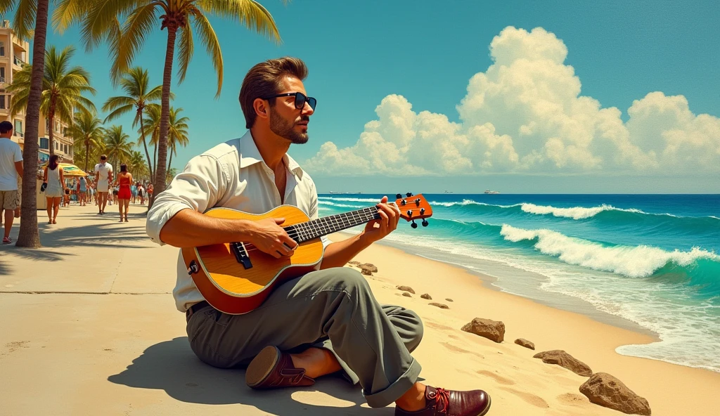 1934(masterpiece, best quality, broad view) man playing ukulele on the street(Avai beach)
