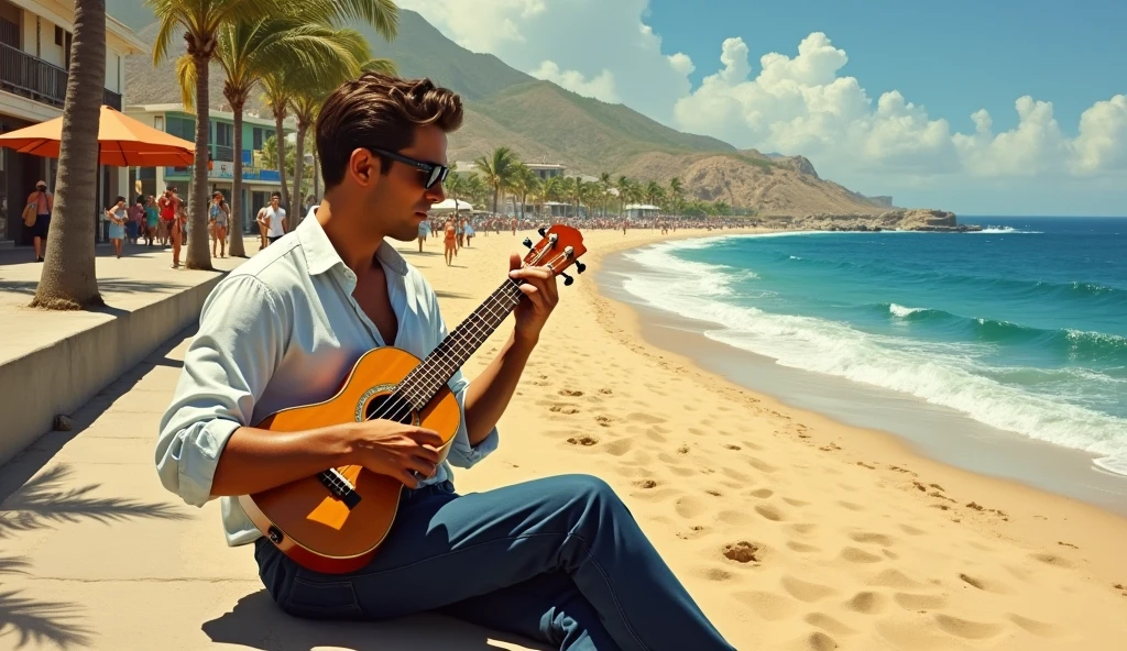 1934(masterpiece, best quality, broad view) man playing ukulele on the street(Avai beach)